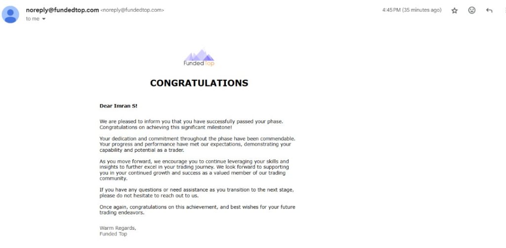 FundedTop Phase 1 Passed
